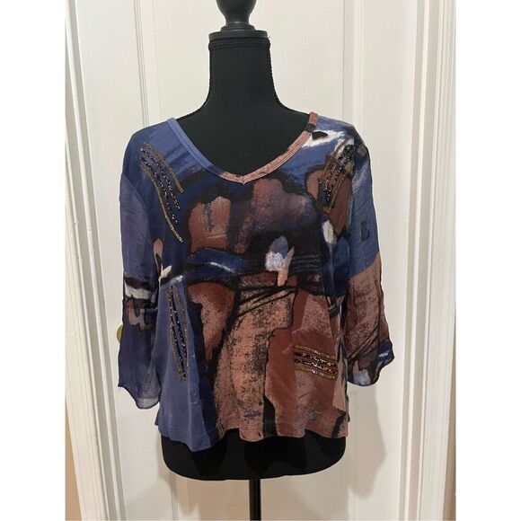 Vintage Le Mieux Studio blue and brown abstract pattern top with beaded detailin - Picture 1 of 6